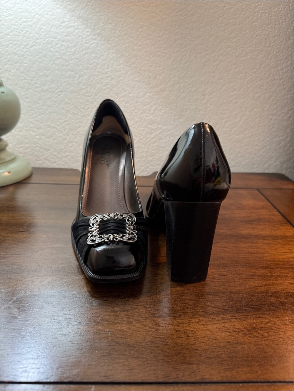 Franco Sarto Black Patent Peep-Toe Heels with Decorative Buckle - Picture 4 of 10